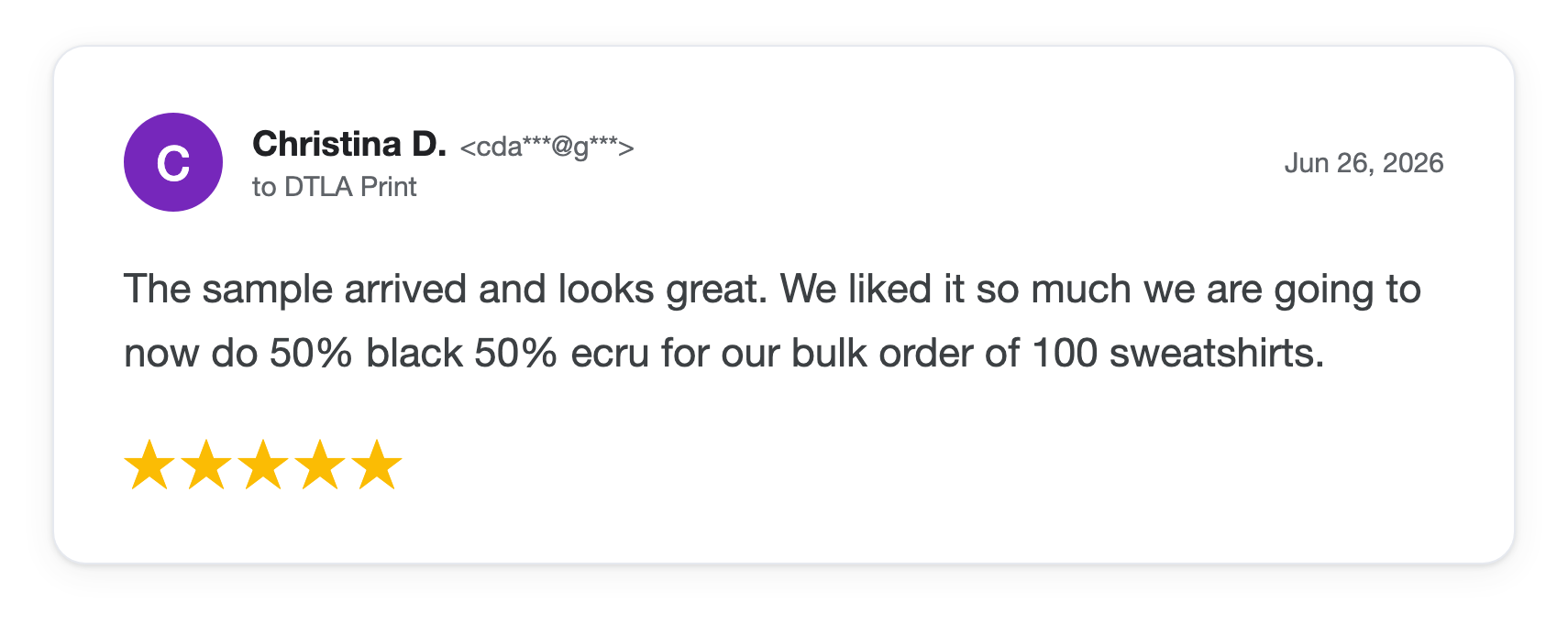 Five-star DTLA Print customer review from Christina D