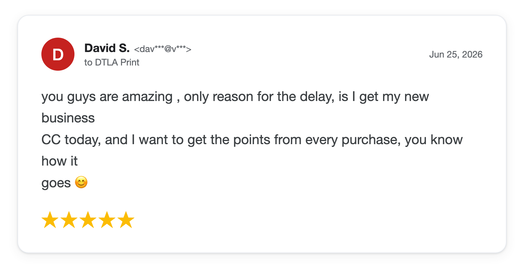 Five-star DTLA Print customer review from David S