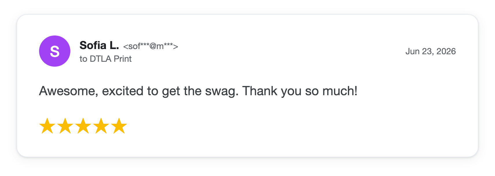 Five-star DTLA Print customer review from Sofia L