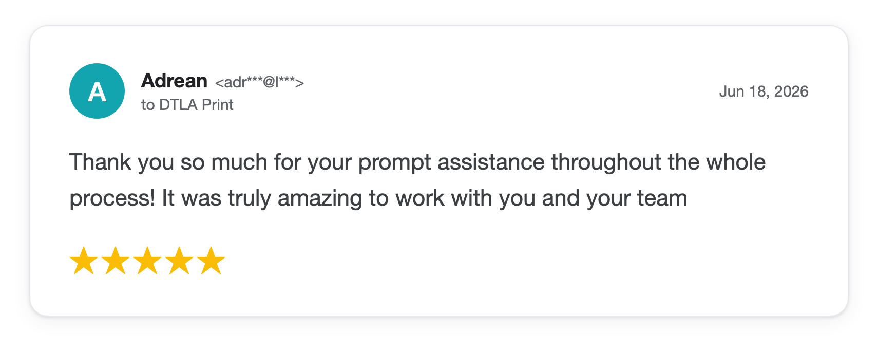Five-star DTLA Print customer review from Adrean