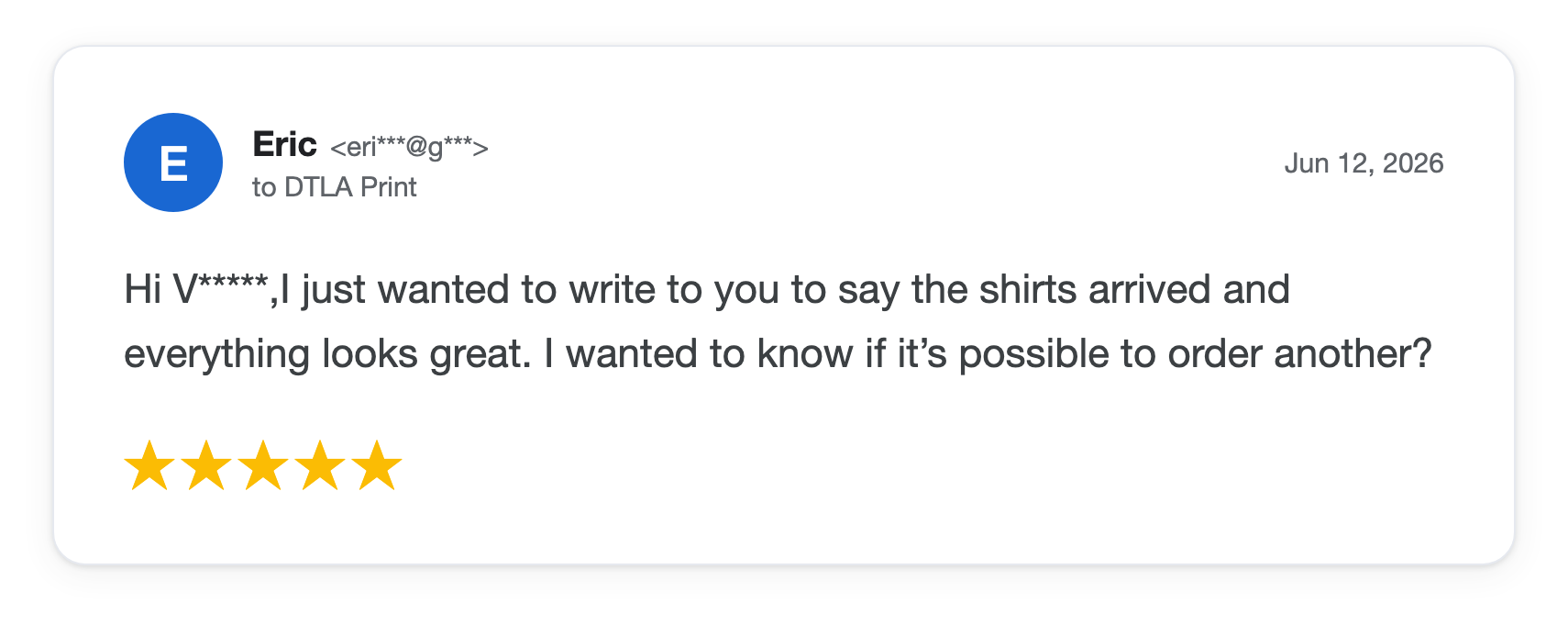 Five-star DTLA Print customer review from Eric