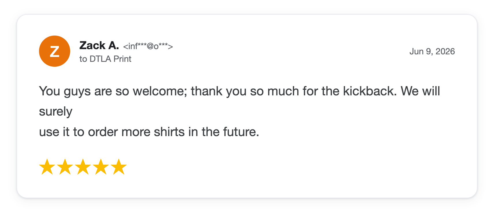 Five-star DTLA Print customer review from Zack A