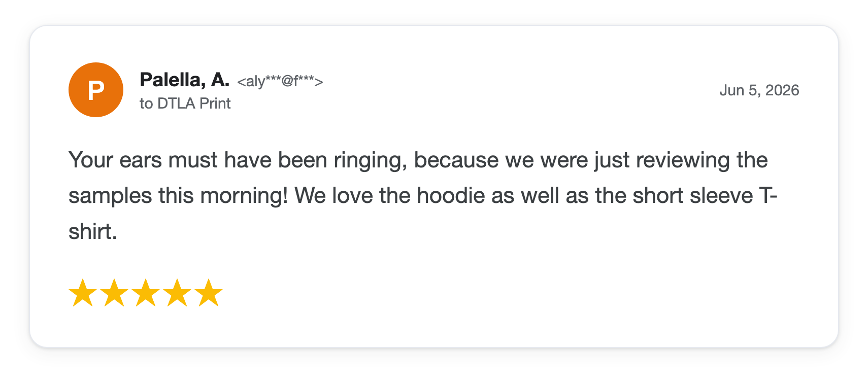 Five-star DTLA Print customer review from Palella A
