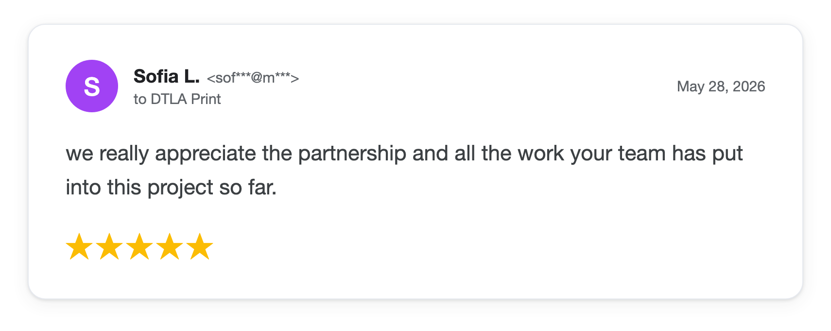 Five-star DTLA Print customer review from Sofia L