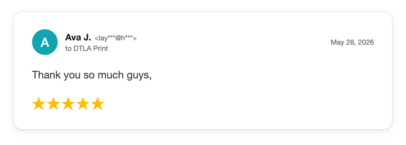 Five-star DTLA Print customer review from Ava J