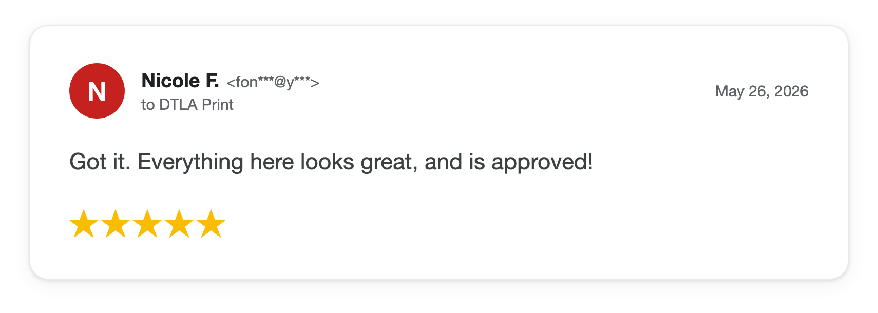 Five-star DTLA Print customer review from Nicole F