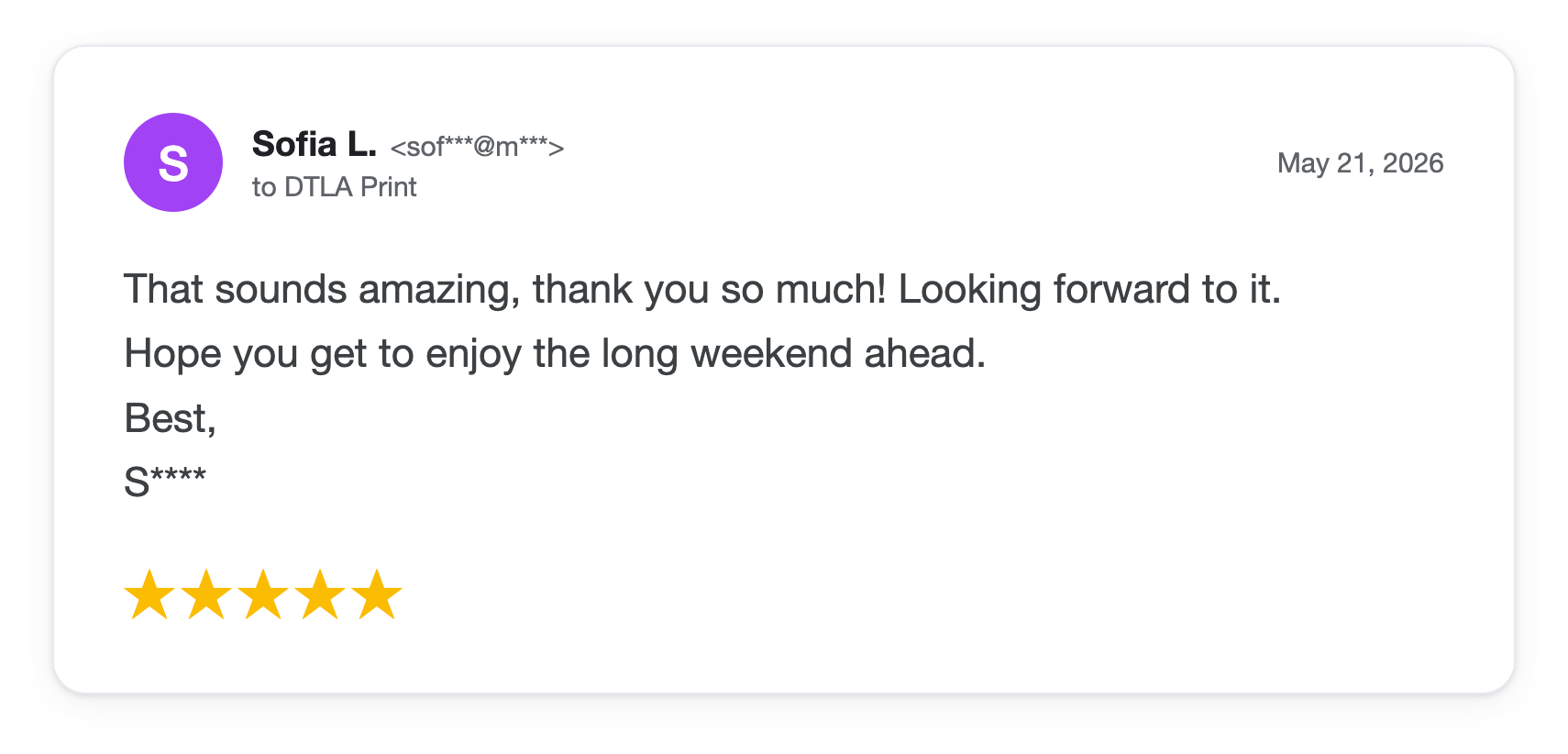 Five-star DTLA Print customer review from Sofia L