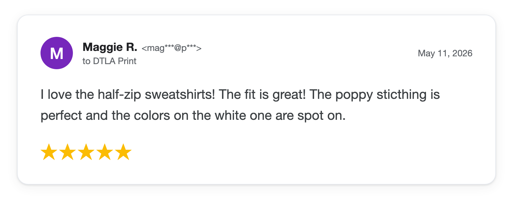 Five-star DTLA Print customer review from Maggie R