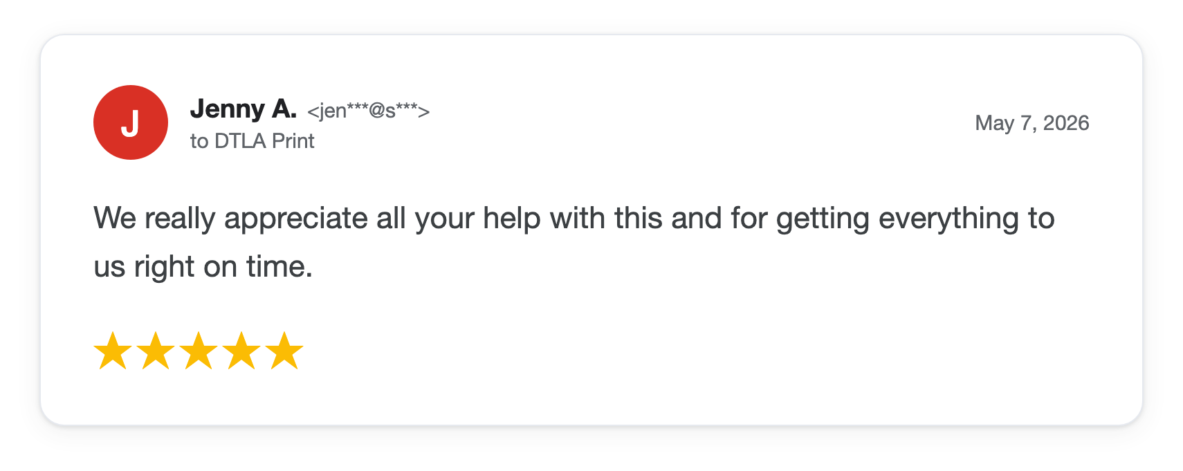 Five-star DTLA Print customer review from Jenny A