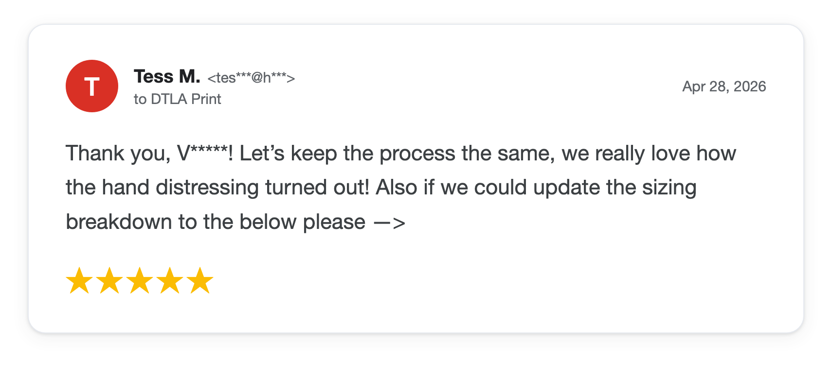 Five-star DTLA Print customer review from Tess M