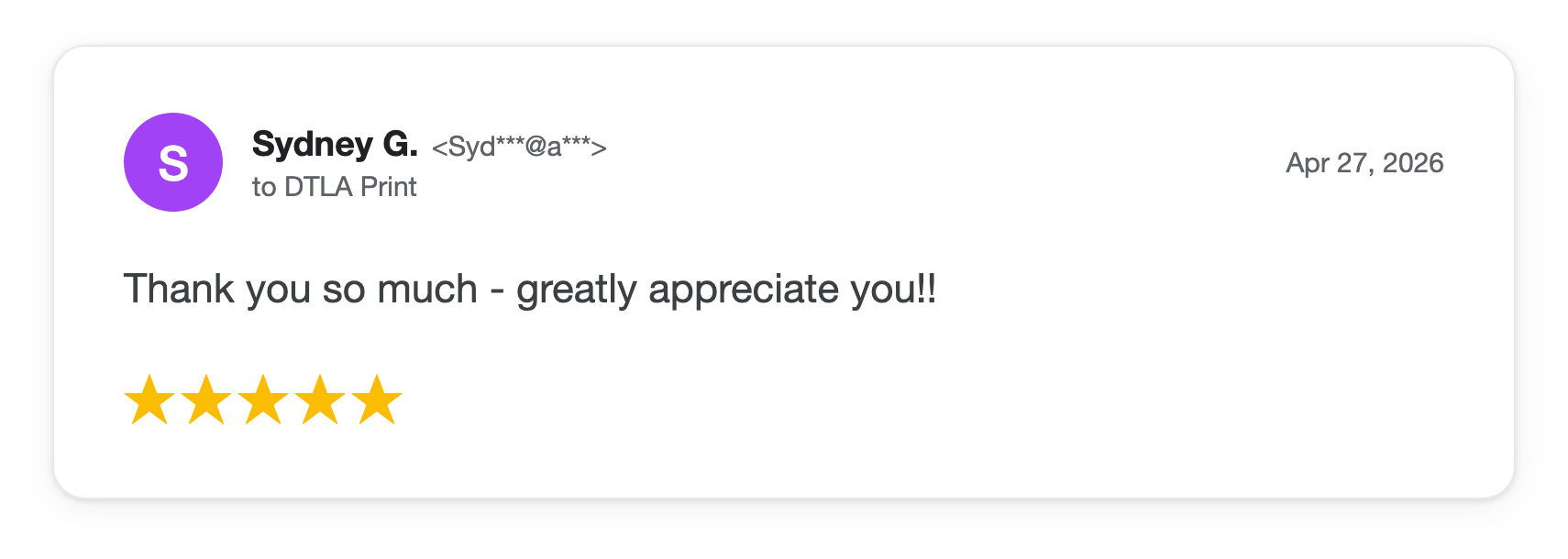 Five-star DTLA Print customer review from Sydney G