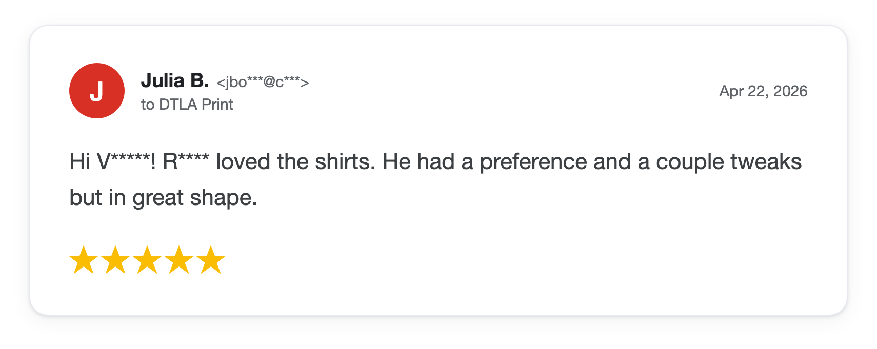 Five-star DTLA Print customer review from Julia B
