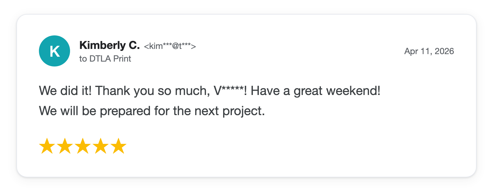 Five-star DTLA Print customer review from Kimberly C