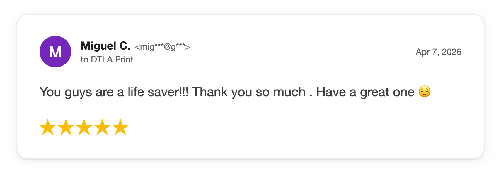 Five-star DTLA Print customer review from Miguel C