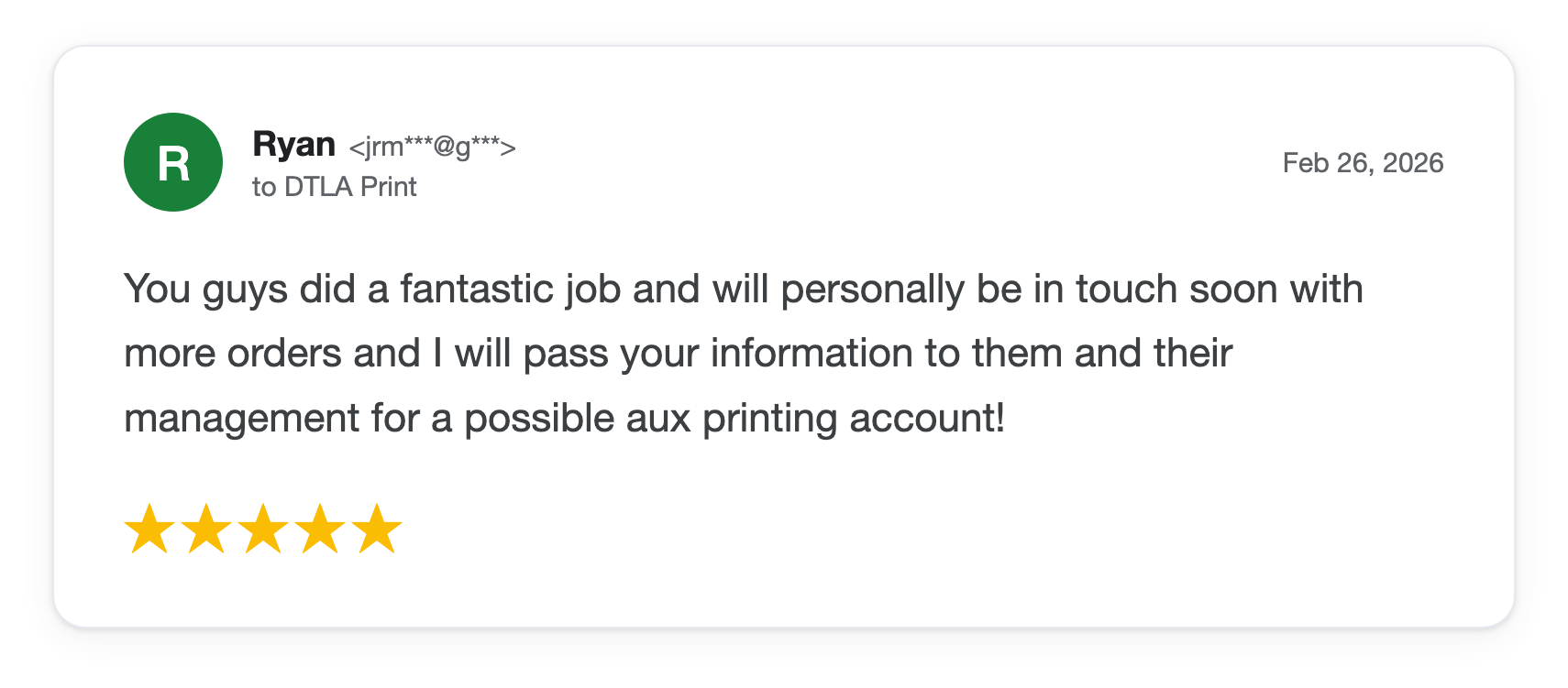 Five-star DTLA Print customer review from Ryan