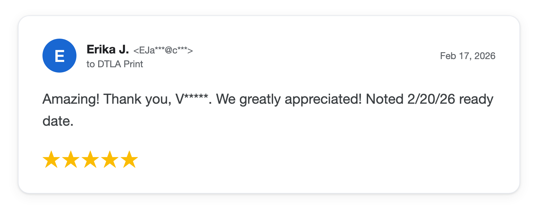 Five-star DTLA Print customer review from Erika J