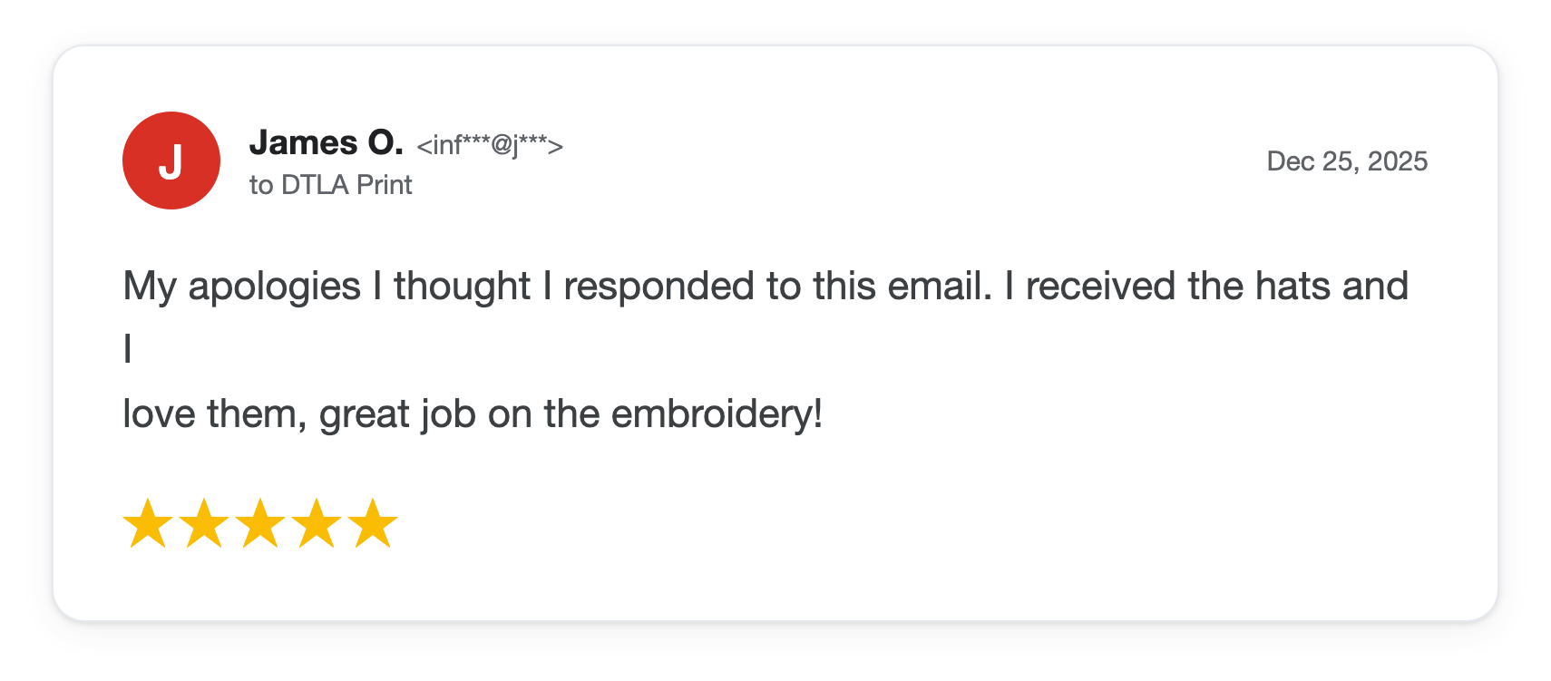 Five-star DTLA Print customer review from James O