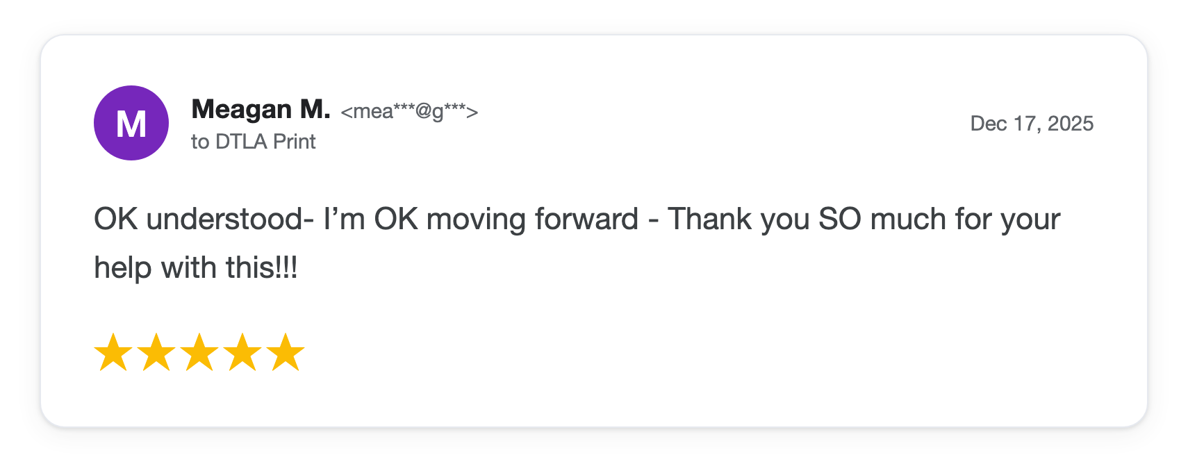 Five-star DTLA Print customer review from Meagan M
