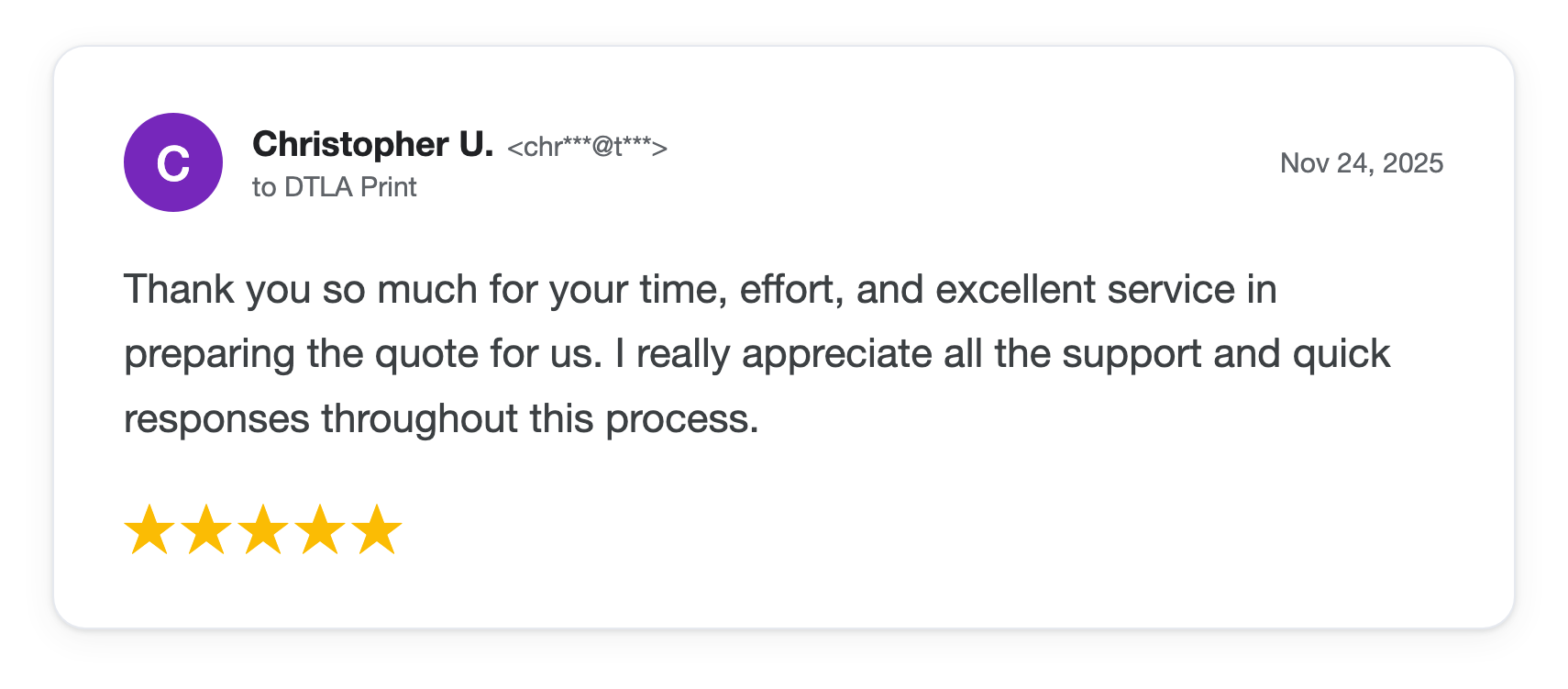 Five-star DTLA Print customer review from Christopher U