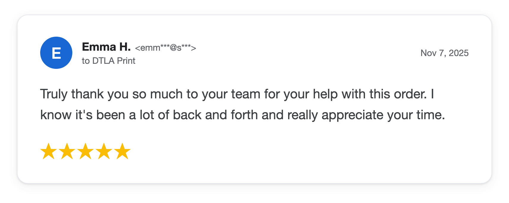 Five-star DTLA Print customer review from Emma H