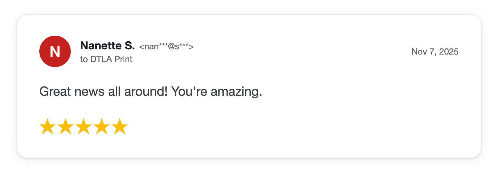 Five-star DTLA Print customer review from Nanette S