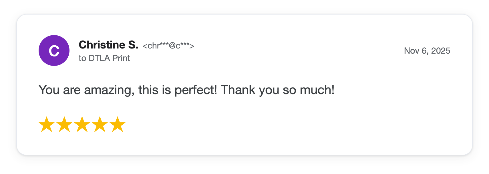 Five-star DTLA Print customer review from Christine S