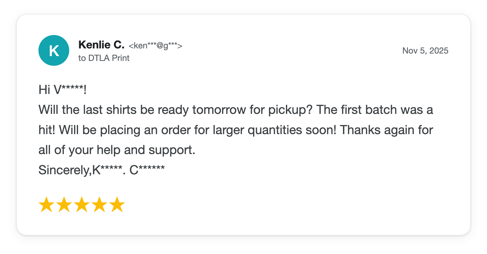 Five-star DTLA Print customer review from Kenlie C
