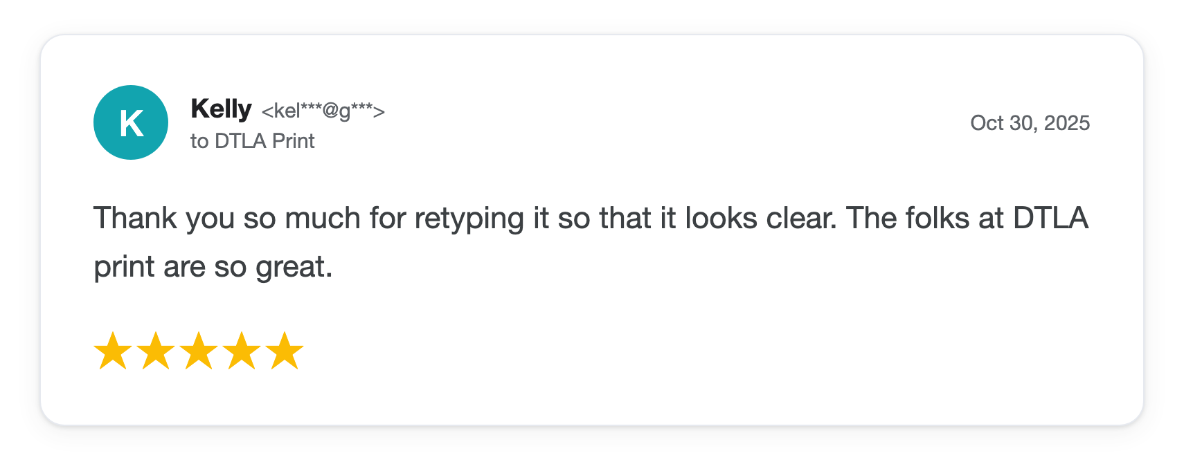 Five-star DTLA Print customer review from Kelly