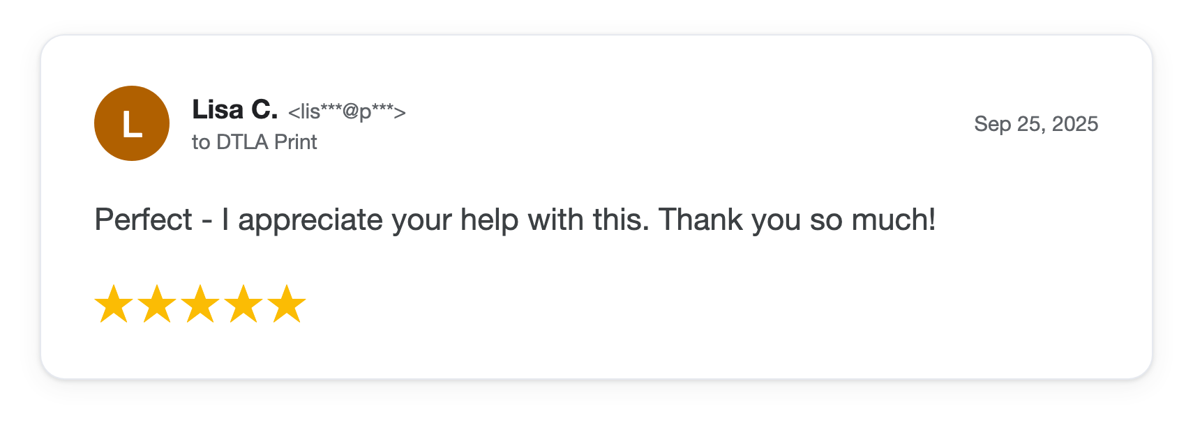 Five-star DTLA Print customer review from Lisa C
