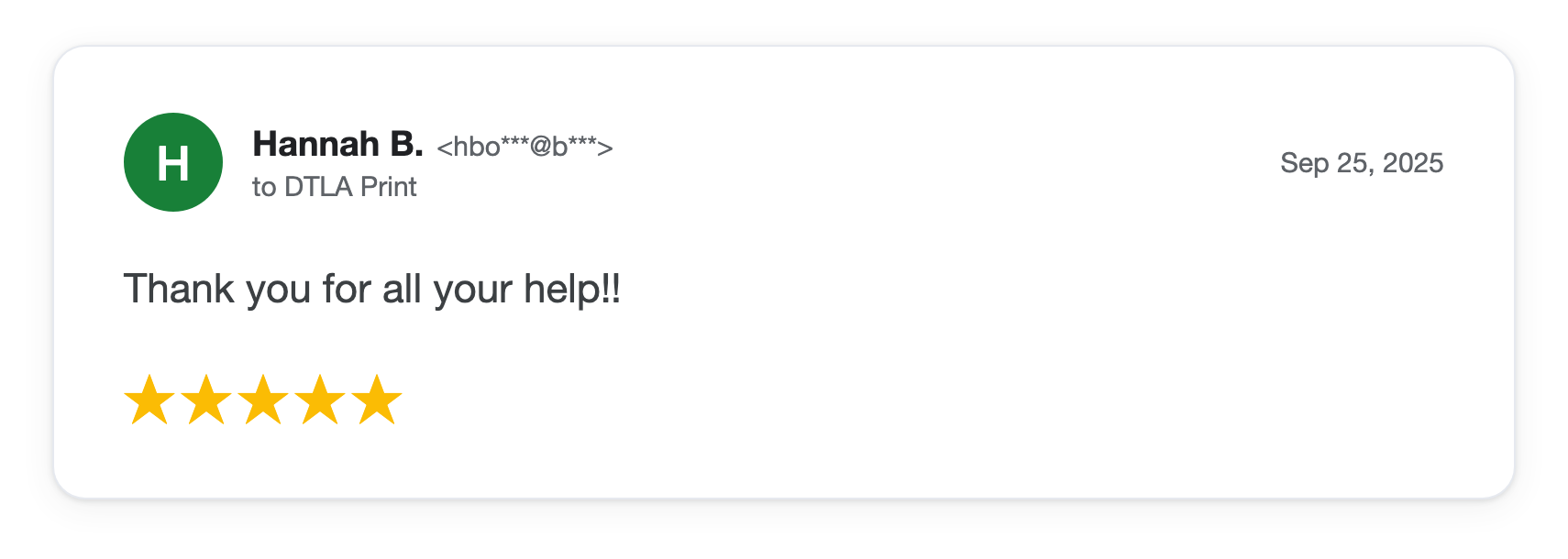 Five-star DTLA Print customer review from Hannah B