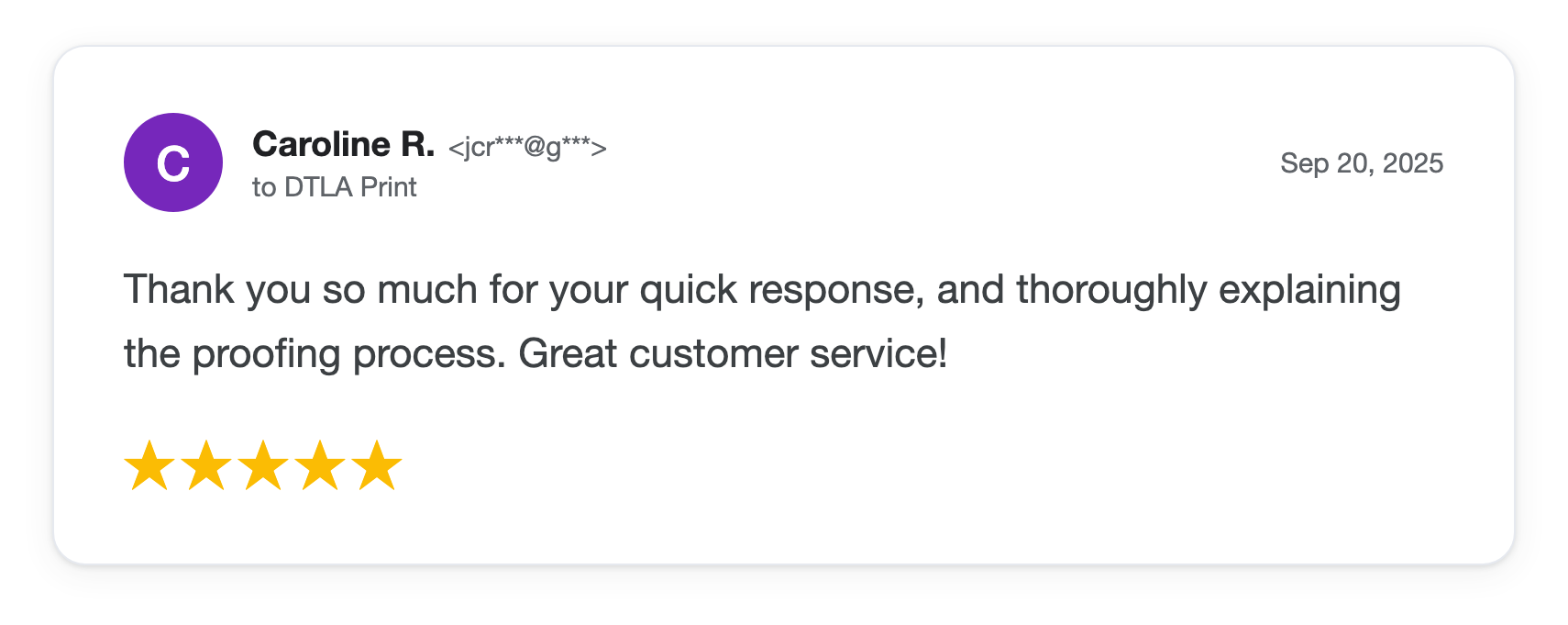 Five-star DTLA Print customer review from Caroline R