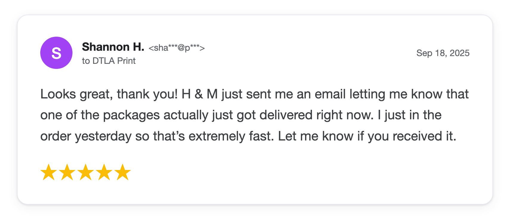 Five-star DTLA Print customer review from Shannon H
