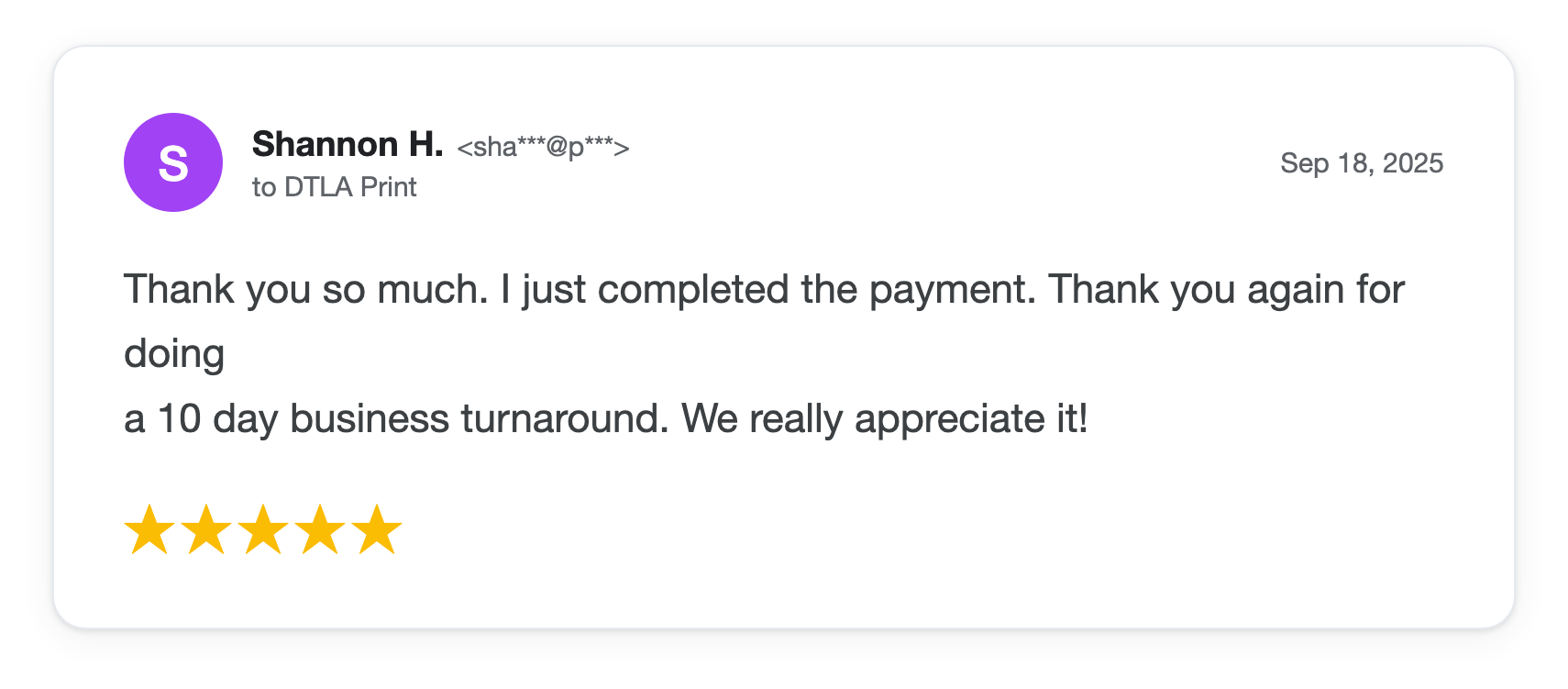 Five-star DTLA Print customer review from Shannon H