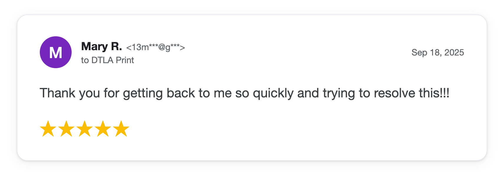 Five-star DTLA Print customer review from Mary R
