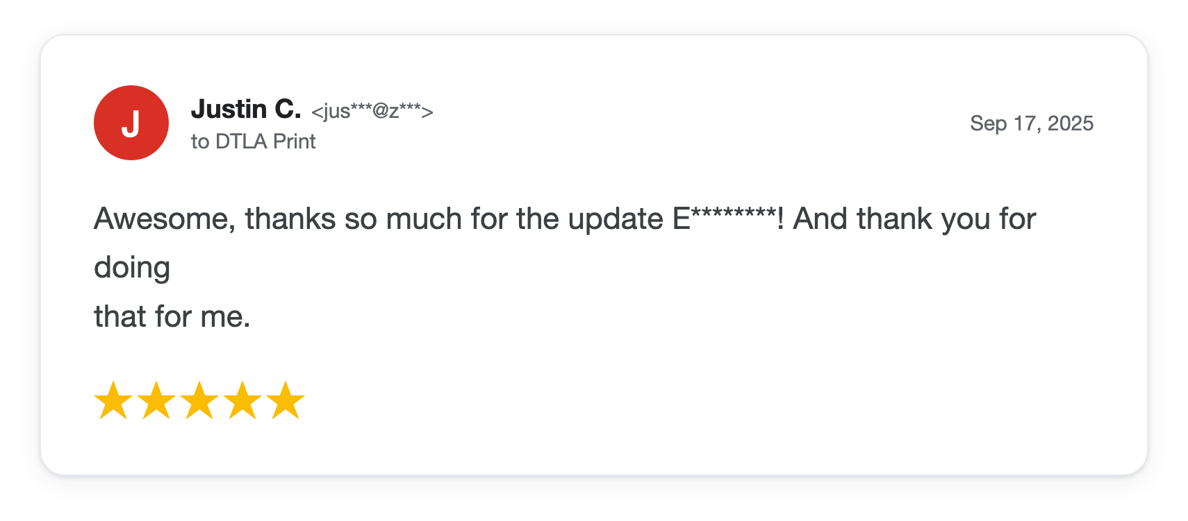 Five-star DTLA Print customer review from Justin C