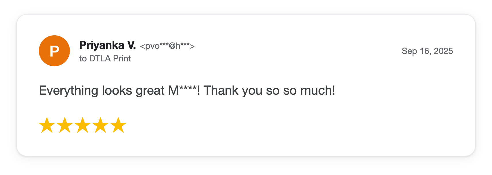 Five-star DTLA Print customer review from Priyanka V