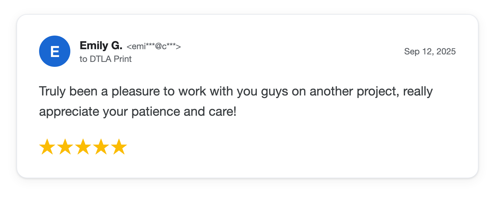 Five-star DTLA Print customer review from Emily G