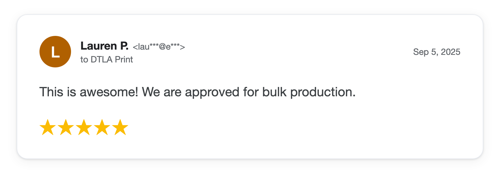 Five-star DTLA Print customer review from Lauren P