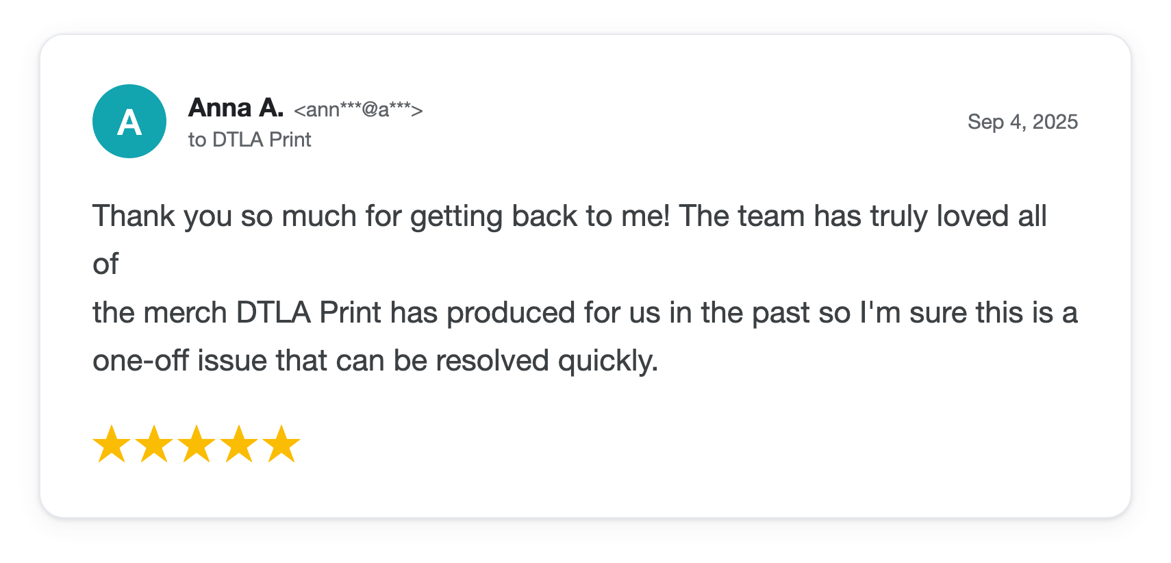 Five-star DTLA Print customer review from Anna A