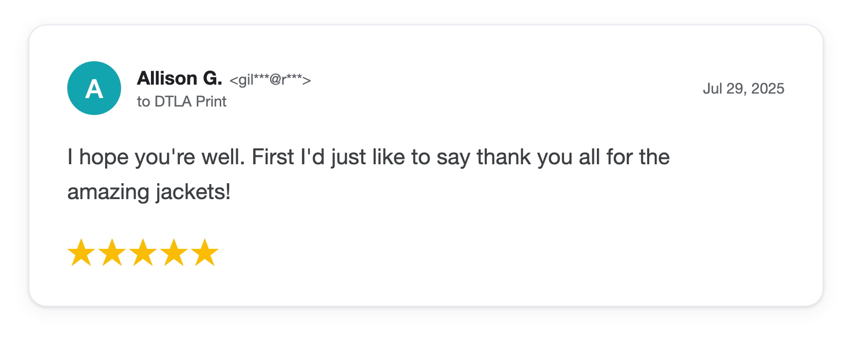 Five-star DTLA Print customer review from Allison G