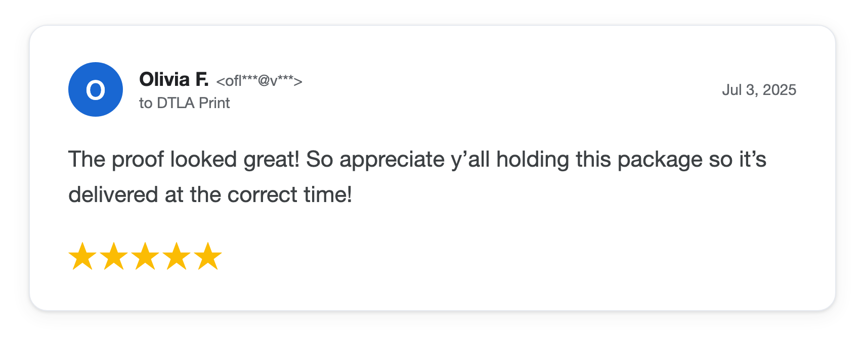 Five-star DTLA Print customer review from Olivia F