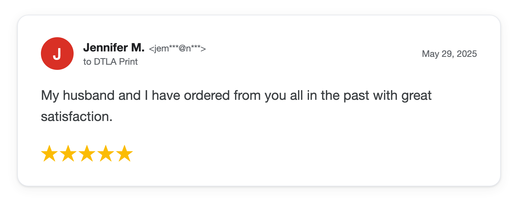 Five-star DTLA Print customer review from Jennifer M
