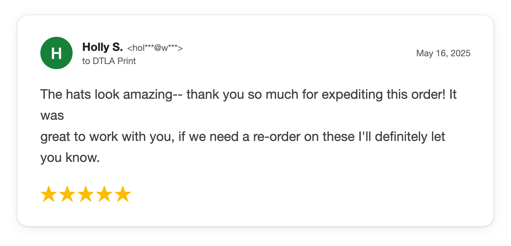 Five-star DTLA Print customer review from Holly S