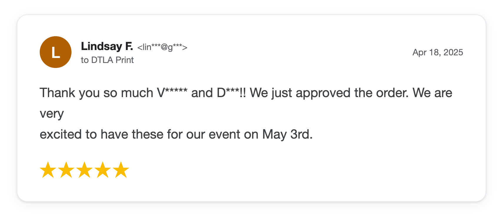 Five-star DTLA Print customer review from Lindsay F