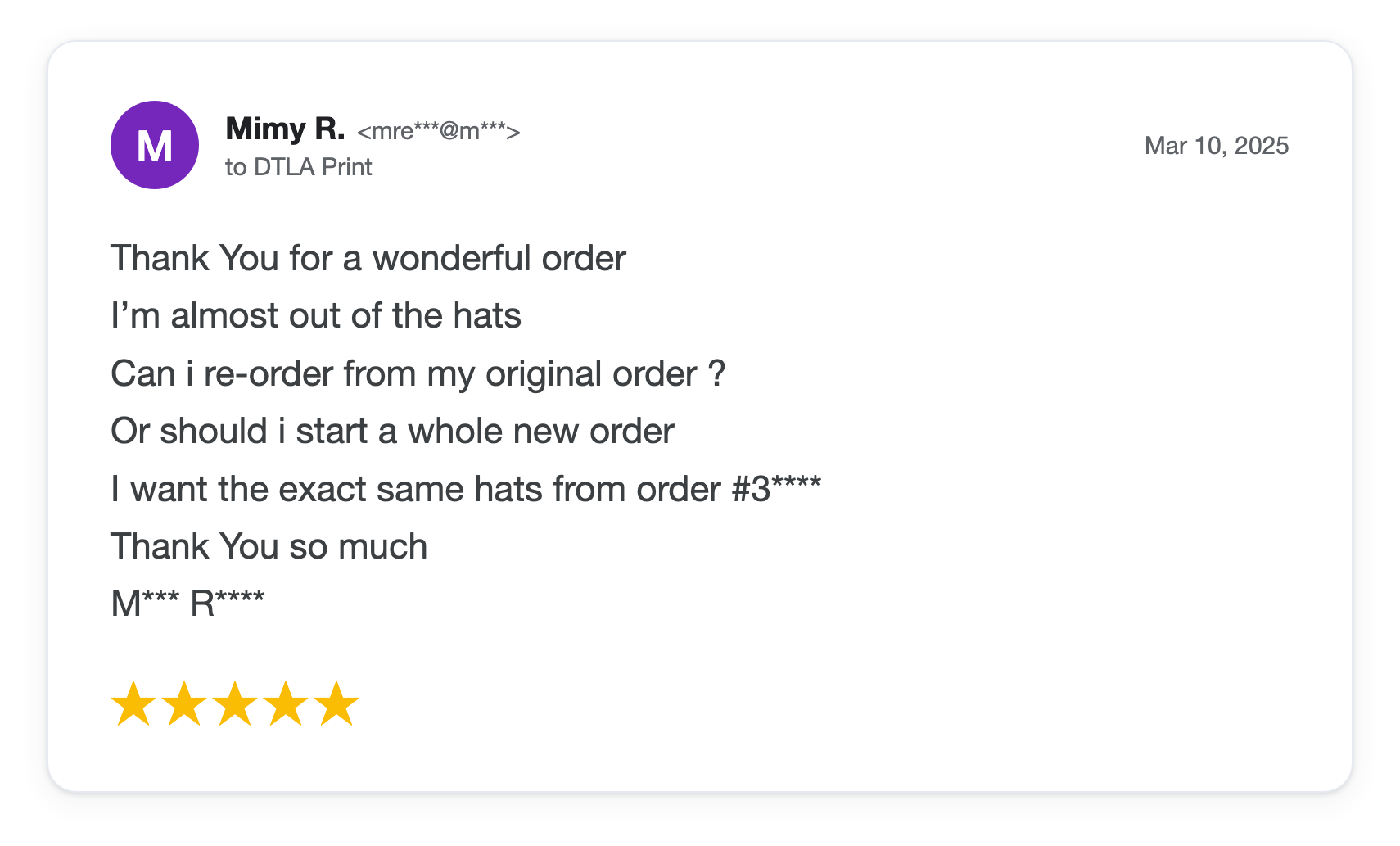 Five-star DTLA Print customer review from Mimy R