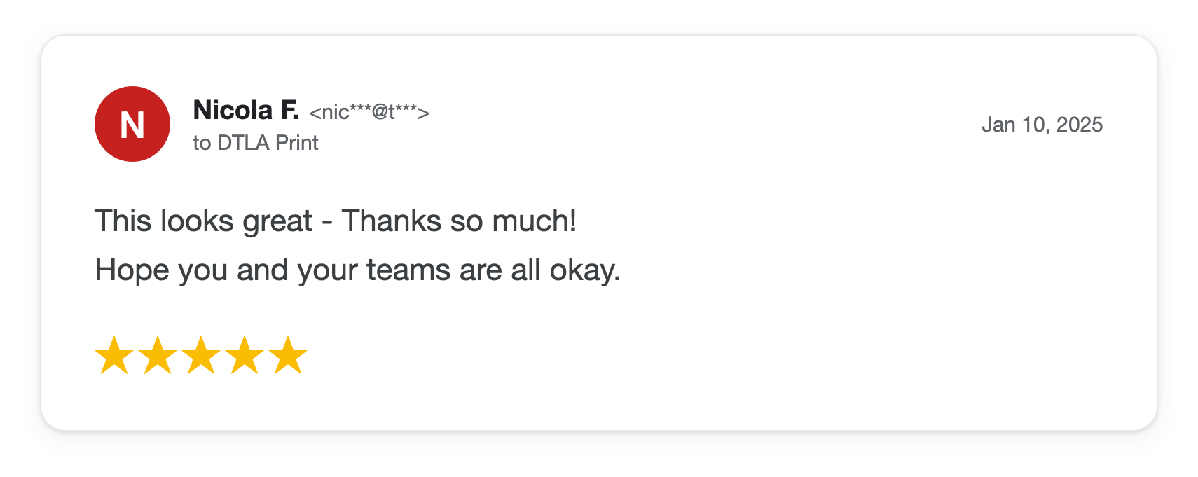 Five-star DTLA Print customer review from Nicola F