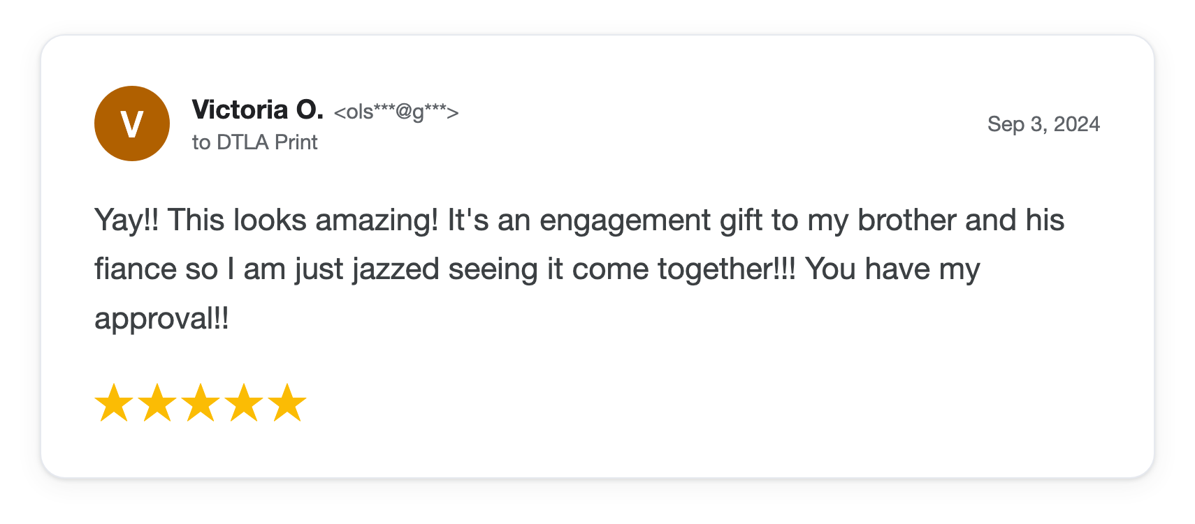 Five-star DTLA Print customer review from Victoria O