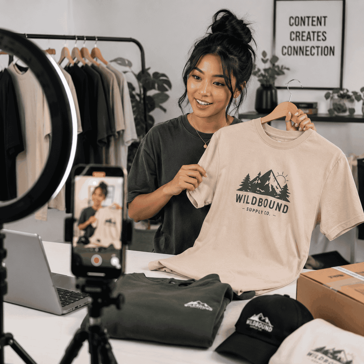 Content creator promoting custom merch