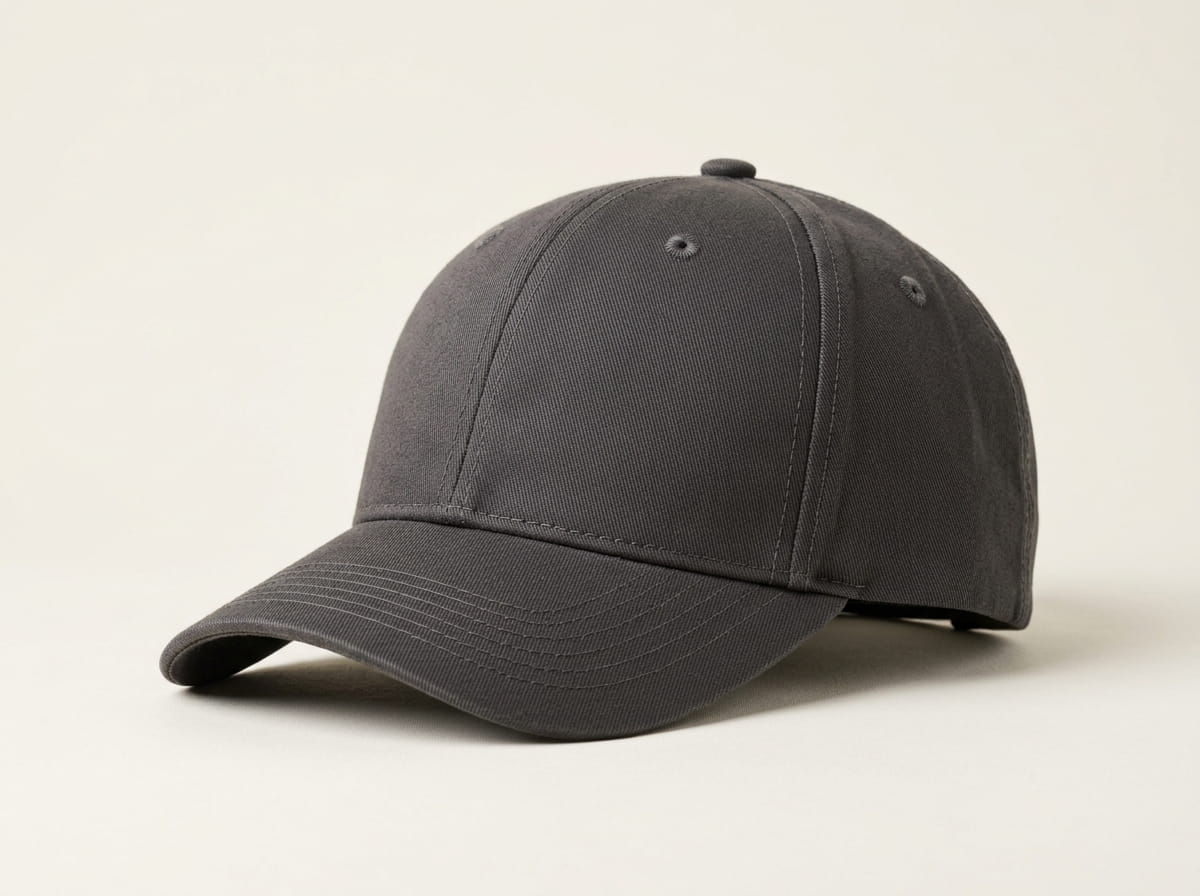 Custom baseball cap anatomy — structured six-panel crown, front panel, side panel, sewn eyelet vents, pre-curved visor, adjustable back closure