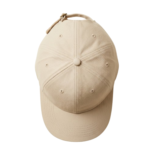 Custom Baseball Cap decoration zones — top-down flat-lay showing the front panel, side panels, and pre-curved visor